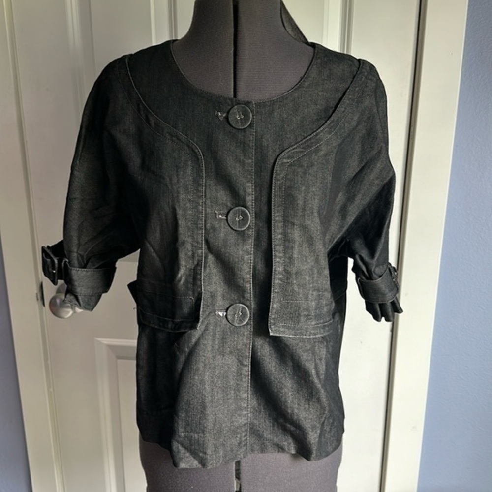 Kenneth Cole Reaction jacket wide button 3/4 sleeve gray denim blazer size 10